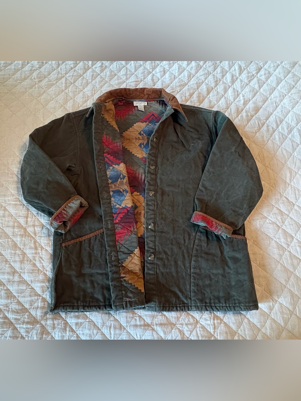 Vintage Jones New York Sport Olive Green Chore Coat with Southwestern Print